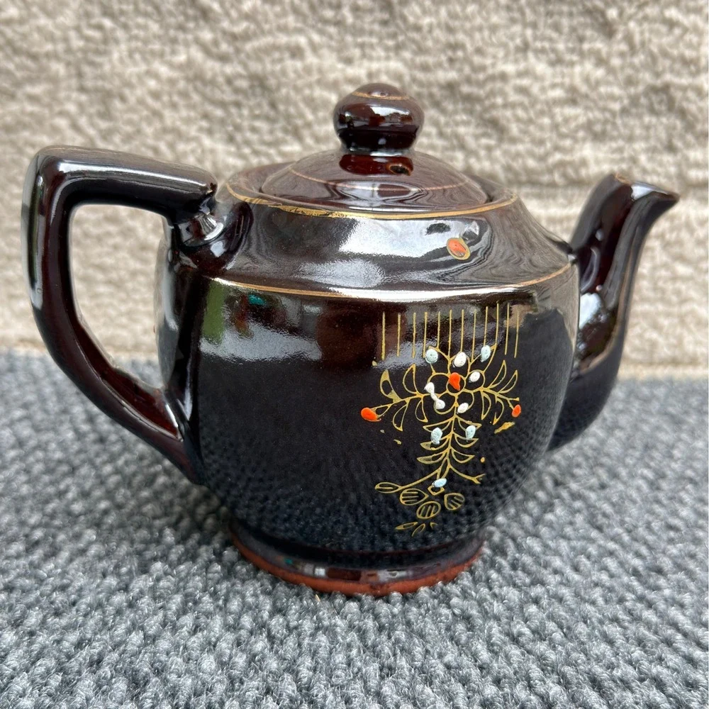 Vintage Japanese Brown Glazed Ceramic Teapot Hand Painted Floral Gold Moriage